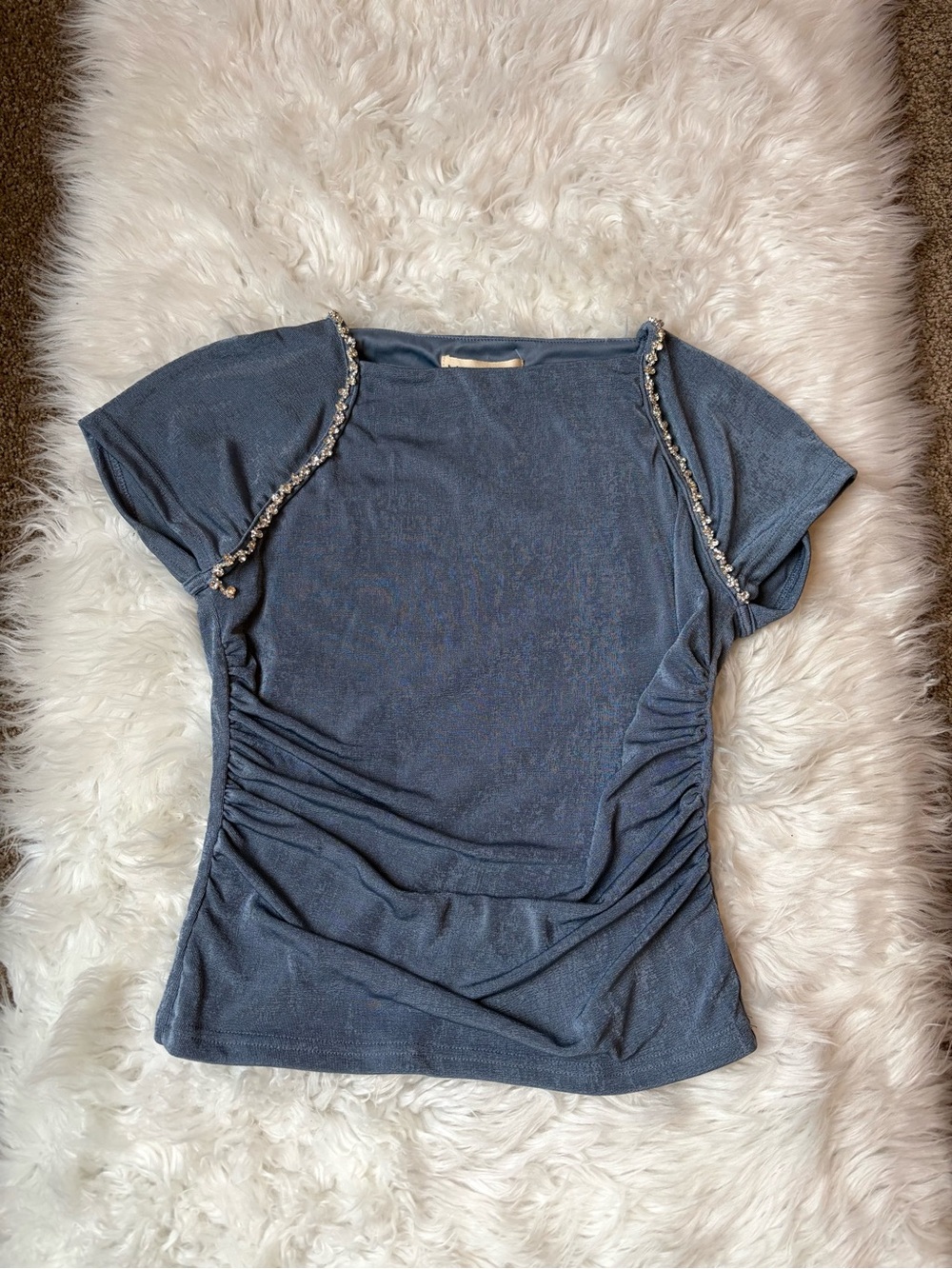 Blue Ruched Rhinestone Trim Short Sleeve Top